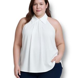 Stylewe 2XL White Halter Tank Top Sleeveless‎ Collared Stretch Pleated NWT